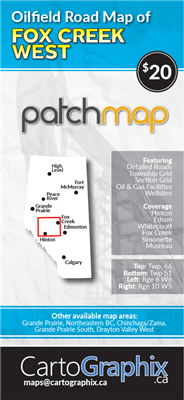 Oilfield Road Map of Fox Creek West. These maps contain the most accurate, current and complete road data set including oil and gas lease roads. Additional information includes township grid, truck stops, rest areas, height restrictions, back-road