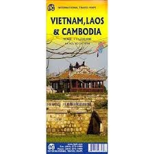 Vietnam Laos & Cambodia travel map. This is a very detailed map at 1:1,230,000 scale.  Printed on waterproof paper, double-sided. Legend includes roads by classification, Railways, National Parks, Hospitals, Hotels, Point of interest, Airports, Tourist in