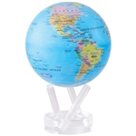 MOVA Globe Blue Political - 4.5 Inch. An ultra low friction drive mechanism and a set of special solar cells, allows enough light to pass through and energize these solar cells to power the drive mechanism. MOVA globes may turn on a mere 1 to 5 mill