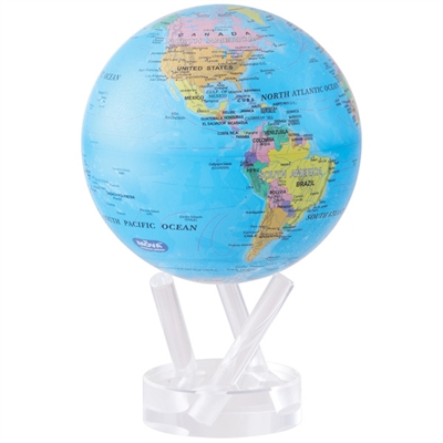MOVA Globe Blue Political - 4.5 Inch. An ultra low friction drive mechanism and a set of special solar cells, allows enough light to pass through and energize these solar cells to power the drive mechanism. MOVA globes may turn on a mere 1 to 5 mill