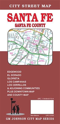 Santa Fe County street map. This detailed road map includes Edgewood, Ed Dorado, Glorieta, Los Campanas, Loa Cerrilos and adjoining communities. Also, a map of downtown and a county map.