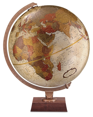 Northwoods 12 inch World Bronze Globe. This sleek and eccentric12 inch diameter bronze metallic raised relief globe is mounted on a square walnut rich colored wood base with die-case semi-meridian.