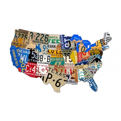 This Metal License Plate map of the USA is the perfect addition to your home or office. It shows every licence plate for the entire continental USA. Measures 25 inches by 16 inches and weighs in at 3 pounds. This Custom Metal Shape is hand made in the USA