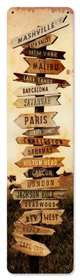 Bucket List Vintage Metal Sign. This type of popular sign shows the direction to different places around the world, including Paris, Malibu, Nashville, London and more. Measures 5 inches by 20 inches and weighs in at one pound. This Metal Sign is hand mad