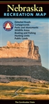 Nebraska Benchmark Recreation Map. One side provides a full state map that features extensive highway detail, point-to-point mileages, recreation attractions, campgrounds, parks and wildlife areas, fishing access points, and hunting units.