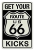 Route 66 - Vintage metal sign. Add some color to your bar, garage or man space with this vintage metal sign. Measures 11 inches by 18 inches.
