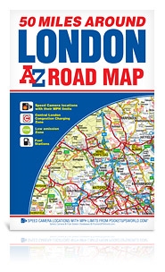50 Miles Around London Road Map. This map is a full color, single sided, fold out road map featuring continuous mapping extending from Rugby and Bury St. Edmunds to the south coast and from Oxford and Winchester to Margate and Felixstowe in the east. Two
