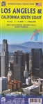 Los Angeles & SOCAL Coast Travel map. This is a double-sided map with Los Angeles portrayed on one side and Southern California on the other. The LA side shows most of the actual city, with an inset for Santa Monica, an inset of the Greater Los Angeles ur