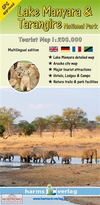 Lake Manyara National Park Tourist map. Get up close and personal with amazing African wildlife. This is a travel map and guide shows Lake Manyara National Park with elevations clearly marked on the front and a guide for the park on the back side. It show