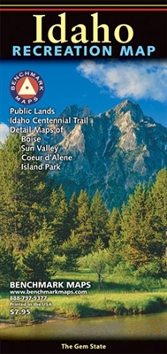 Idaho Benchmark Recreation Map. Special enlargements for greater Boise, Sun Valley, Island Park area, and Coeur d' Alene. High-quality folded maps designed specifically for outdoor adventure. A richly detailed state road map with extensive backcountry inf