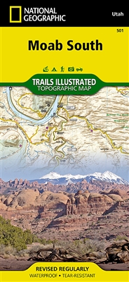 Moab South Utah Trail Map National Geographic. This map includes Canyonlands National Park, Dead Horse Point State Park, and Canyon Rims and Sand Flats recreation areas, as well as detail of the Moab, Poison Spider Mesa, Gemini Bridges, Hurrah Pass area,