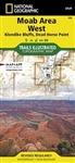 Moab West Hiking Trail map. This map provides comprehensive coverage of mountain bike trail systems in the region, specifically focusing on the Klondike Bluffs and Dead Horse Point trails to the west of Moab. The map clearly and accurately shows the locat