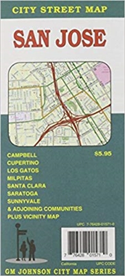San Jose - San Jose, California city map includes Campbell, Cupertino, Los Gatos, Milpitas, Santa Clara, Saratoga, Sunnyvale and adjoining communities plus vicinity maps.
