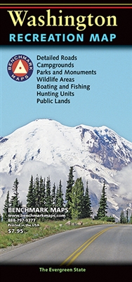 Washington Benchmark Recreation Map. The recreational map of Washington State side features public lands, extensive highway detail, point-to-point mileages, recreation attractions, campgrounds, parks & wildlife areas, boating & fishing access points, and