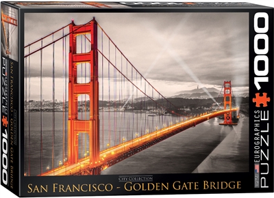 San Francisco Golden Gate Bridge - 1000 Piece Puzzle. Construct the Golden Gate Bridge piece-by-piece with this beautiful puzzle! The Golden Gate Bridge is a prominent American landmark and is the most well-known suspension bridge in the world. Spanning t