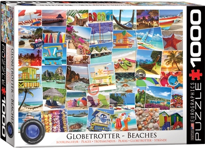 EuroGraphics Globetrotter Beaches 1000 Piece Puzzle. Box size 10" x 14" x 2.37". Finished Puzzle Size 19.25" x 26.5". Itâ€™s a small world after all. Bring your beach towel to the best beaches in the world in one puzzle, over 40 destinations to view. This