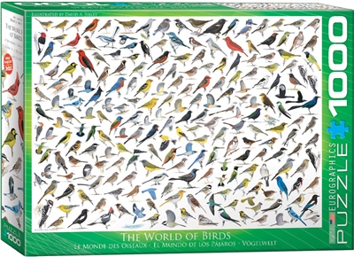 The World of Birds - 1000 Piece Puzzle. Finished Puzzle Size: 19.25" x 26.5". This collage of birds is sure to be a bit with any bird watcher, showing well over 100 types of various birds .Strong high-quality puzzle pieces. Made from recycled board and pr