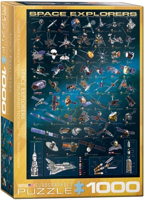 Space Explorers - 1000 Piece Puzzle. Finished Puzzle Size: 19.25" x 26.5". Featuring over 40 space engines and explorers, this jigsaw puzzle will please any space exploration enthusiast. Strong high-quality puzzle pieces. Made from recycled board and prin
