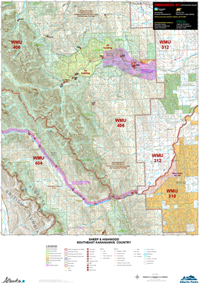 Sheep River & Highwood SE Kananaskis WMU Map. The maps shows the boundary for Kananaskis Country, the Public Land Use Zones, crown land, private or freehold land, park boundaries, wildlife corridors and sanctuaries, camping spots, trailheads, roads, ATV t