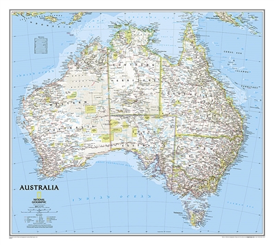 Australia Political Wall Map - National Geographic. One of the most authoritative maps of the Land down under. Features thousands of place names (including primary and secondary towns), accurate boundaries, aboriginal lands, parks and protected areas, inf