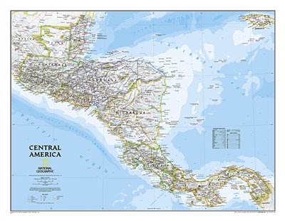 Central America Classic - National Geographic Wall Map. Map coverage includes the countries of: Guatemala, Belize, El Salvador, Honduras, Nicaragua, Costa Rica, and Panama. Our most detailed wall map of Central America, extensively updated with new Nation