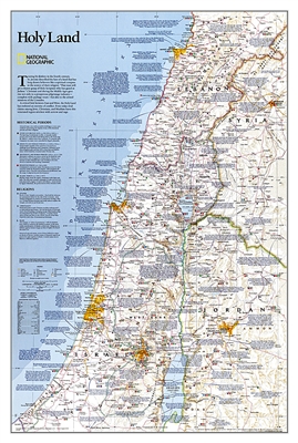 Holy Land National Geographic Wall Map. This fascinating map is an in-depth look at the faiths, peoples, and politics that have shaped this historic region. Features a detailed political map overlayed with facts about significant religious sites.