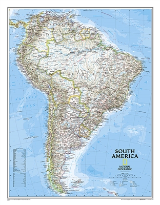 South America Classic National Geographic Wall Map. This classic map of South America shows political boundaries, place names, airports, major roads and highways, and other geographic features for the entire continent. Includes the countries and major cit