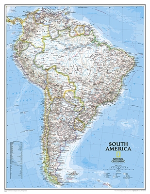 South America Political National Geographic Wall Map. This classic map of South America shows political boundaries, place names, airports, major roads and highways, and other geographic features for the entire continent. This version is enlarged. Choose p