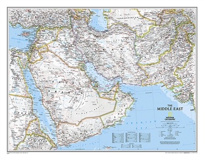 Middle East Political Wall Map - National Geographic. This wall map covers a broad geographic area ranging from northern Africa through the Middle East to the western edge of China and India. Includes complete coverage of Afghanistan, Pakistan, Tajikistan