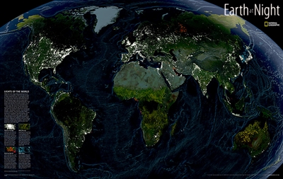 Earth at Night National Geographic Poster. This intriguing map reveals in stunning detail the pulsating lights of the Earth at night. See where populations are most and least concentrated. The rare view is a composite image made by three satellites on clo