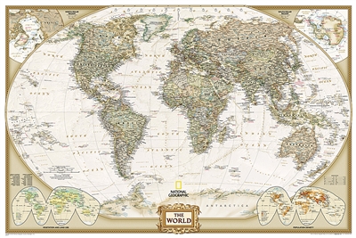 World Executive National Geographic Wall Map Poster. This elegant, richly colored antique-style world map features the incredible cartographic detail that is the trademark quality of National Geographic. The map features a Tripel Projection, which reduces