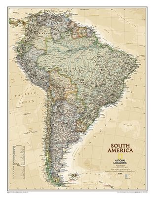 South America Executive National Geographic Wall Map. This elegant, richly colored antique-style map features the incredible cartographic detail that is the trademark of National Geographic quality. This map of South America shows political boundaries, pl