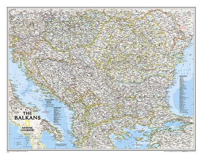 Balkans Political Wall Map - National Geographic. The map covers Albania, Austria, Bosnia and Herzegovina, Bulgaria, Croatia, Hungary, Kosovo, Macedonia, Moldova, Montenegro, Romania, Slovenia, as well as the outlying border countries of Greece, Italy, Sl