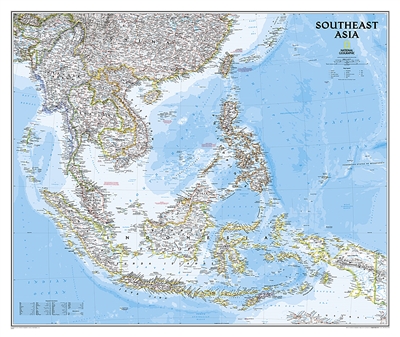 SE Asia Political Wall Map - National Geographic. The Southeast Asia map is a detailed classic style reference map containing detailed bathymetric data and current political boundaries, as well as thousands of place names. Also shown are the regions updat