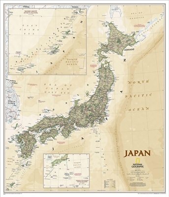 Japan Executive Wall Map - National Geographic. The signature Classic style map of Japan features a bright color palette with blue oceans and the country's terrain detailed in stunning shaded relief that has been a hallmark of National Geographic wall map