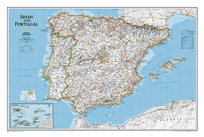 Spain & Portugal Classic National Geographic Wall Map. This wall map of Spain and Portugal shows both countries in incredible detail. Also included are inset maps for major cities and surrounding islands.