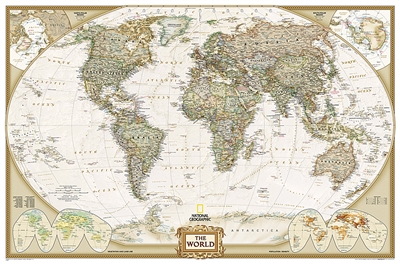World Executive Wall Map XL - National Geographic. This elegant, richly colored antique-style world map features the incredible cartographic detail that is the trademark quality of National Geographic. The map features a Tripel Projection, which reduces d