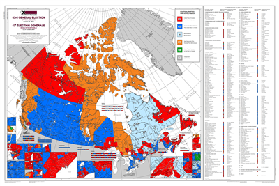 Canada General Election 2019 Wall Map - 43rd Parliament. This map shows detailed federal election results for the October 21, 2019 general election in Canada. Depicts which party was voted for in each riding throughout the country, including the Liberals,