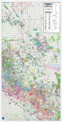 Montney East Alberta Geological Play map. This map covers Township 48 to 106, Range 8 W5 to the Alberta / BC border. Includes current township and section grids, lakes and rivers, cities and towns, parks and native reserves, wells, pipelines (high pressur