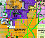 Athabasca East Oil Sands map. Showcases Oil Sands leases in the eastern half of the Athabasca Oil Sands Basin in Alberta. Depicts In-Situ leases predominantly south of Fort McMurray and Surface Mineable leases predominantly north of Fort McMurray. Shows c