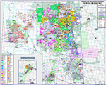 Alberta & NW Saskatchewan - Oil Sands Regional map. Showcases the location of the major heavy oil and oil sands project locations along with current company land positions. This is a laminated map covering Township 52-102 Range 22 W3 to Range 1 W6.