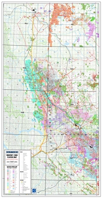 Montney West NE BC Geological Play map. This map covers NE BC, incliding in the Peace river Black and extending north to cover off the entire formation. Includes current township and section grids, NTS grid, lakes and rivers, cities and towns, parks and n