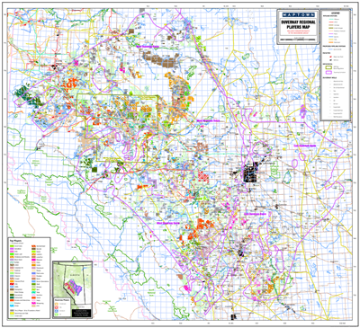 Duvernay Regional Oil and Gas Players map - Alberta. This Regional Players map covers both the East and West Duvernay Basins in Alberta. It extends from Township 36-81 Range 8 W4 to Range 13 W6. It includes current Duvernay Disposed Subsurface Crown Land