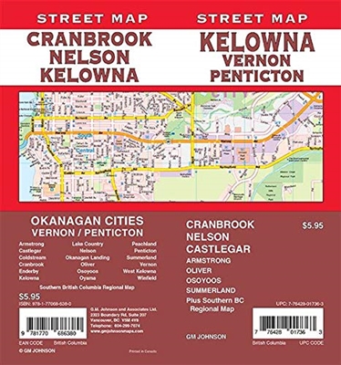 Kelowna, Vernon & Penticton BC Street Map. Also includes Cranbrook, Nelson, Castlegar, Armstrong, Oliver, Osoyoos, Summerland, plus southern BC. A good regional reference map.