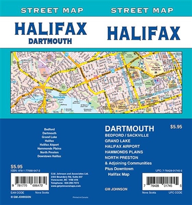 Halifax Street Map Includes Dartmouth, Bedford / Sackville, Grand Lake, Halifax Airport, Hammonds Plains, North Preston and adjoining communities, Downtown Halifax. It shows transportation, boundaries, services, culture centres, and road designations.