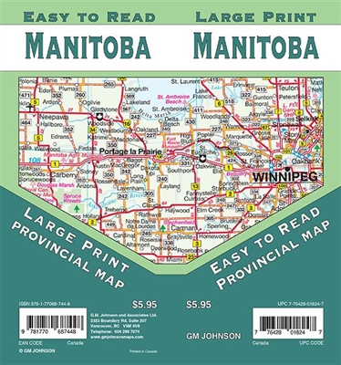 Manitoba Road Map Includes Manitoba North, Manitoba South & Northwestern Ontario, Vicinity maps of Winnipeg, Dauphin, Thompson, Brandon, Portage la Prairie, Downtown Winnipeg. The map includes Manitoba's distance chart, major walking trails, parks, campgr