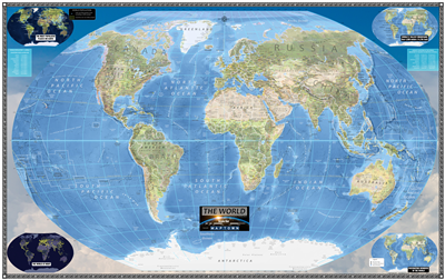 Modern World Wall Map. This map is a new and creative way to map the world. This map is designed for all ages. Is an excellent educational reference tool that shows the World in a new style. It's easily to read without requiring a magnifying glass, perfec