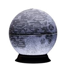 NASA Moon Illuminated - 12 inch Desk Globe. features over 900 place names including: landing spots of all Apollo missions, significant unmanned space missions and over 750 moon topographic locations which include impact craters, mountain ranges, highlands