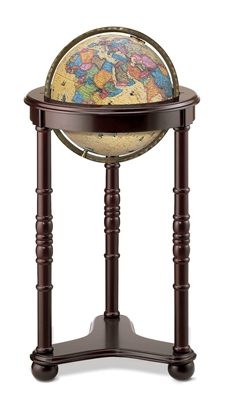 Lancaster Illuminated 12 Inch World Globe. The illuminated Lancaster chair-side floor globe rests on a dark cherry-finish stand with carved accents. Traditional 12 inch antique-ocean globe ball. Metal die-cast meridian.