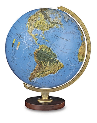 Livingston - 12 inch Illuminated Desk Globe. The Livingston is traditionally styled, with a hardwood base and die-cast semi-meridian. The two-way map design of this 12 inch globe provides a standard view of the physical world or an illuminated display of